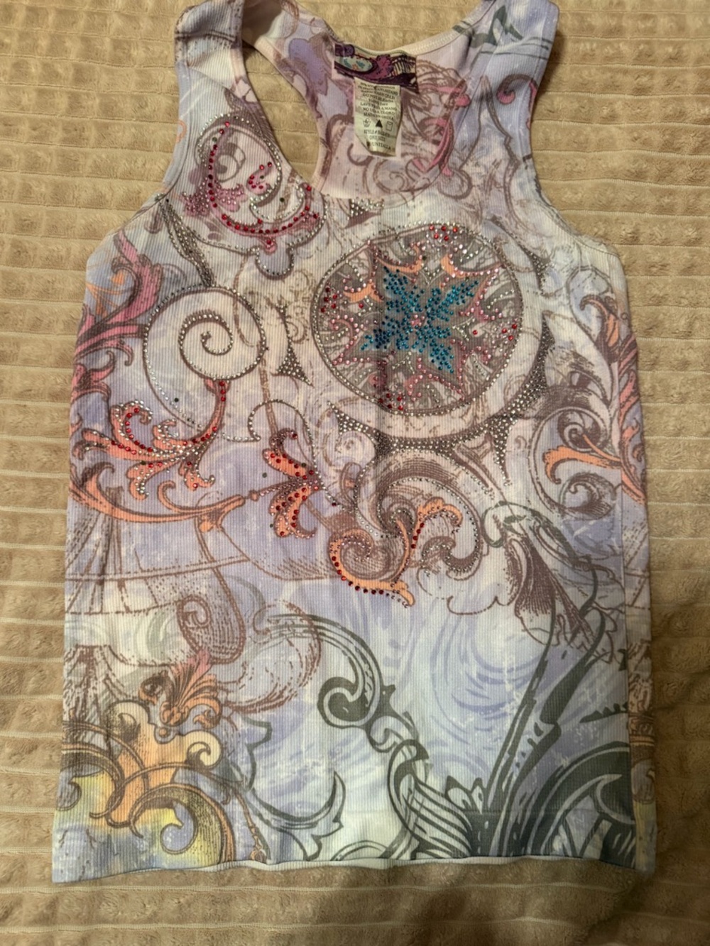 Y2K Rhinestone Swirl Print Racerback Tank - Pastel Multi